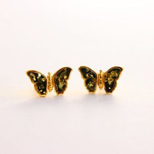 Baltic Green Amber Gold Butterfly Stud Earrings. 14k Gold Plated s925